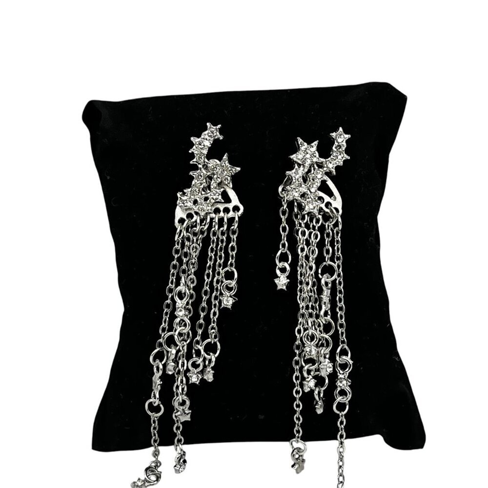 Cubic Zirconia Star Tassel Dangle Drop Earrings‎ Silver-Tone Long Chain Design